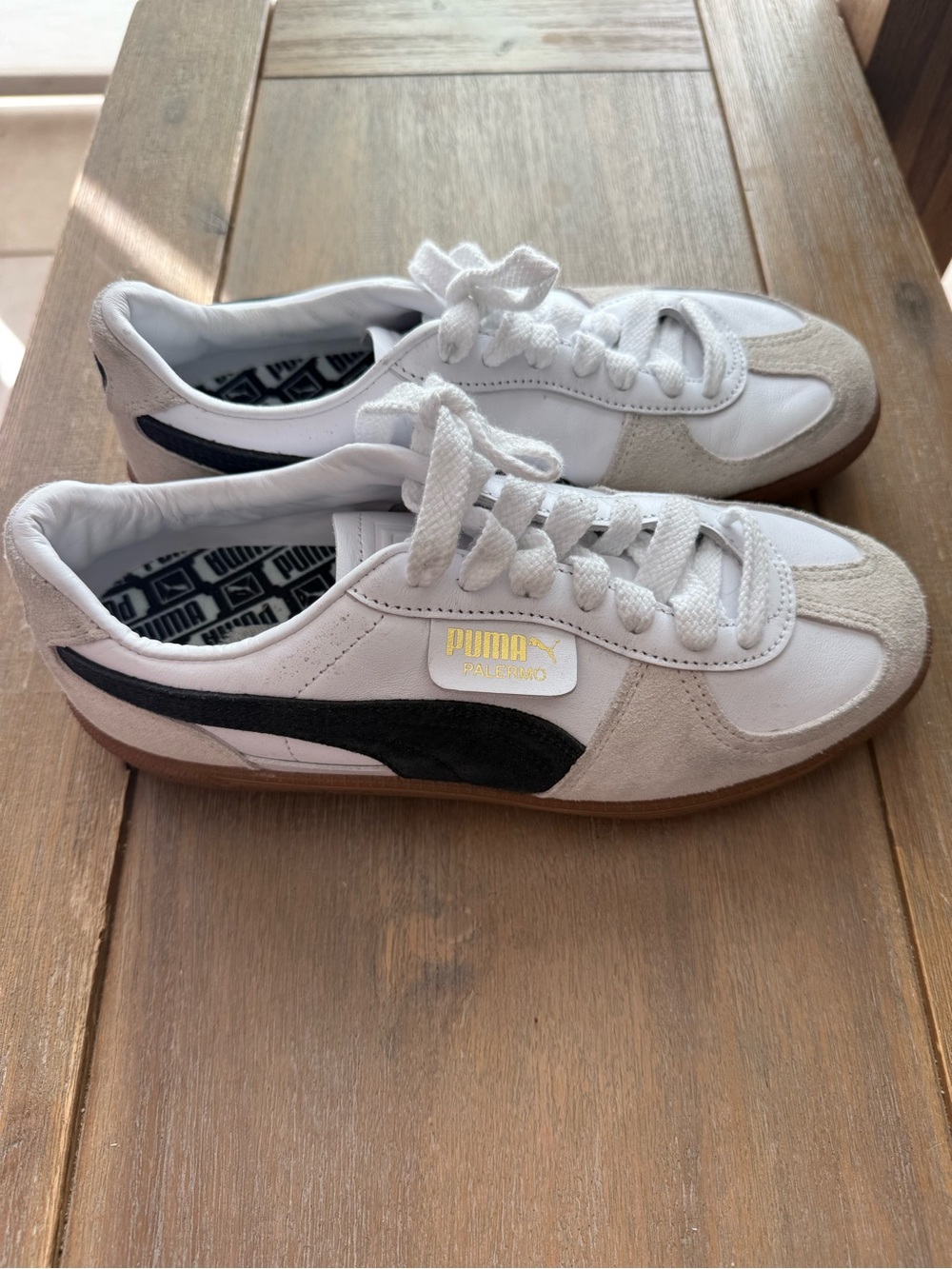 PUMA Palermo Leather Suede Sneakers White Black Gum Size 8.5